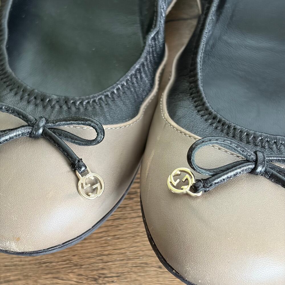 GUCCI Ballerina GG Bow 7.5 Black Tan Leather Flats 37.5 Women's Ballet Box Shoes - Picture 3 of 10